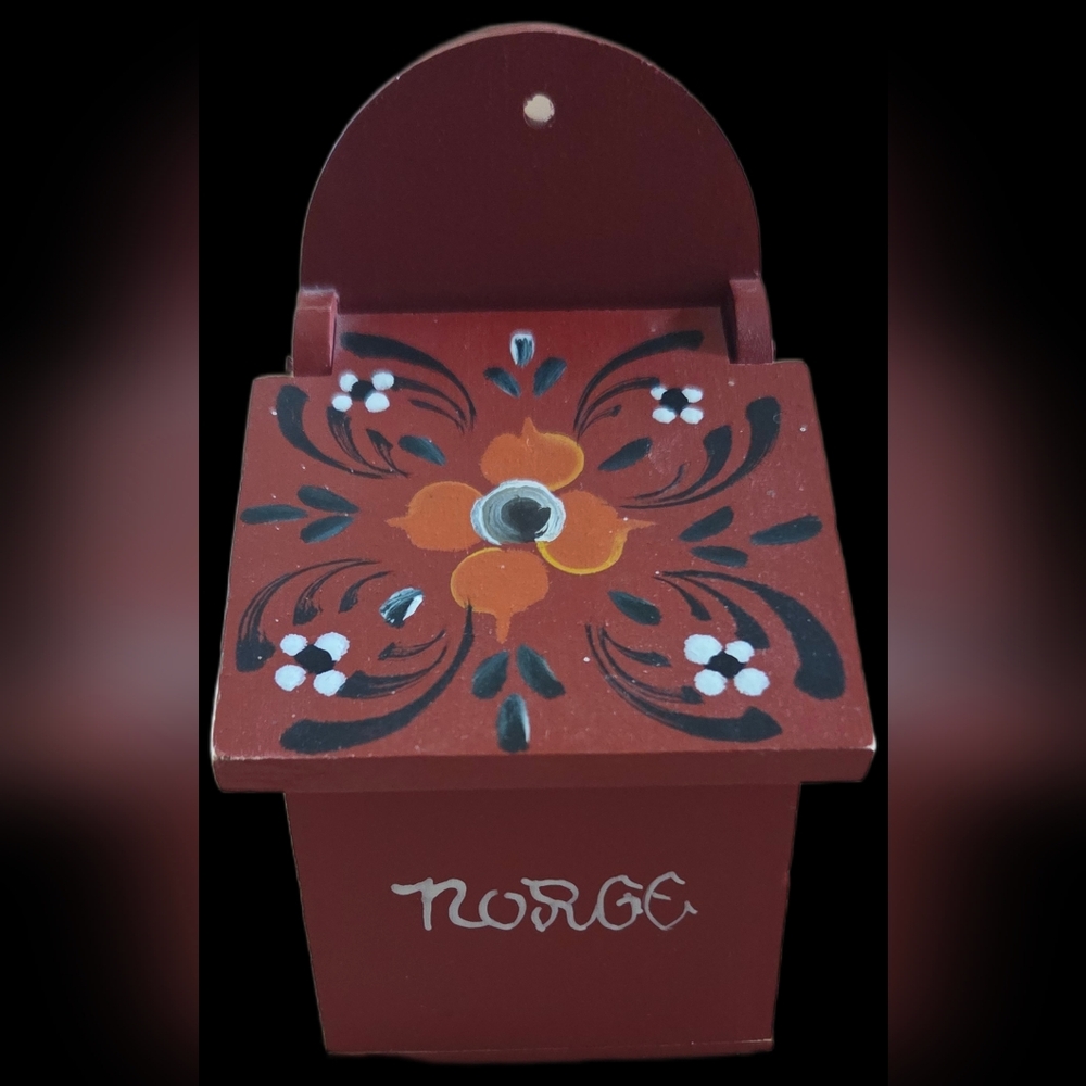 Vintage Norwegian Rosemaling Redish Wall Decor Salt Box